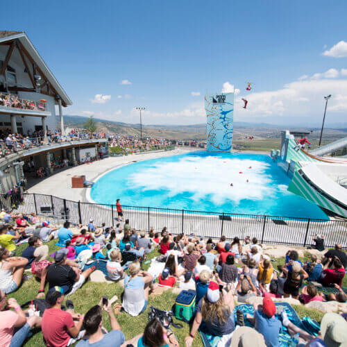 Spectator watch a show at he Utah Olympic Park.