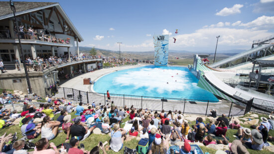 Spectator watch a show at he Utah Olympic Park.