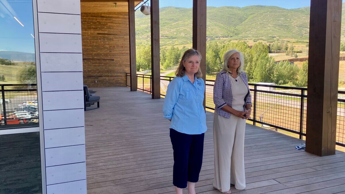 Heber City Mayor Heidi Franco (in blue shirt) and Midway Mayor Celeste Johnson at SoHo discussing the 2034 Olympics/Paralympics.