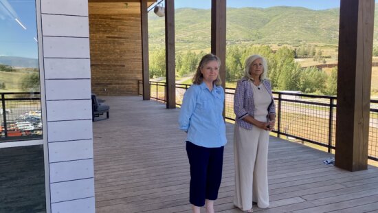 Heber City Mayor Heidi Franco (in blue shirt) and Midway Mayor Celeste Johnson at SoHo discussing the 2034 Olympics/Paralympics.