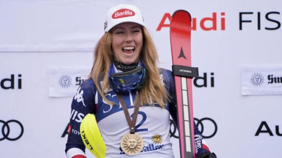 Mikaela Shifffrin reacts on the podium after winning the women's slalom in Sun Valley Idaho in March 2025.