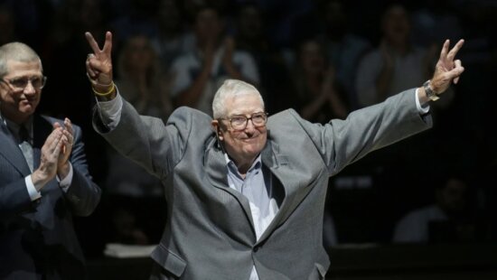 Frank Layden, former president of the Utah Jazz, is introduced during a 20-year reunion ceremony for the team that reached the 1997 NBA Finals, at halftime of the Jazz’s basketball game against the New York Knicks on March 22, 2017, in Salt Lake City.