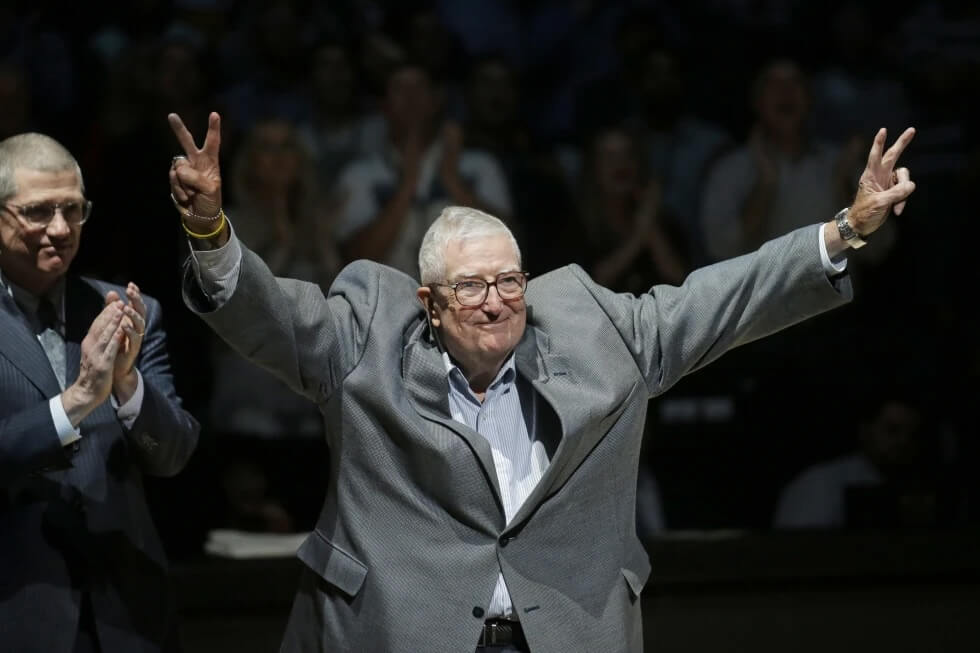 Frank Layden, former president of the Utah Jazz, is introduced during a 20-year reunion ceremony for the team that reached the 1997 NBA Finals, at halftime of the Jazz’s basketball game against the New York Knicks on March 22, 2017, in Salt Lake City.