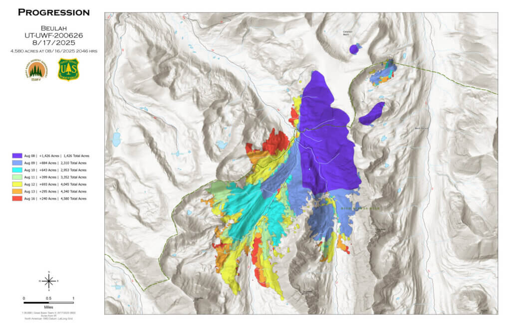 A map showing the progression of the Beulah Fire.