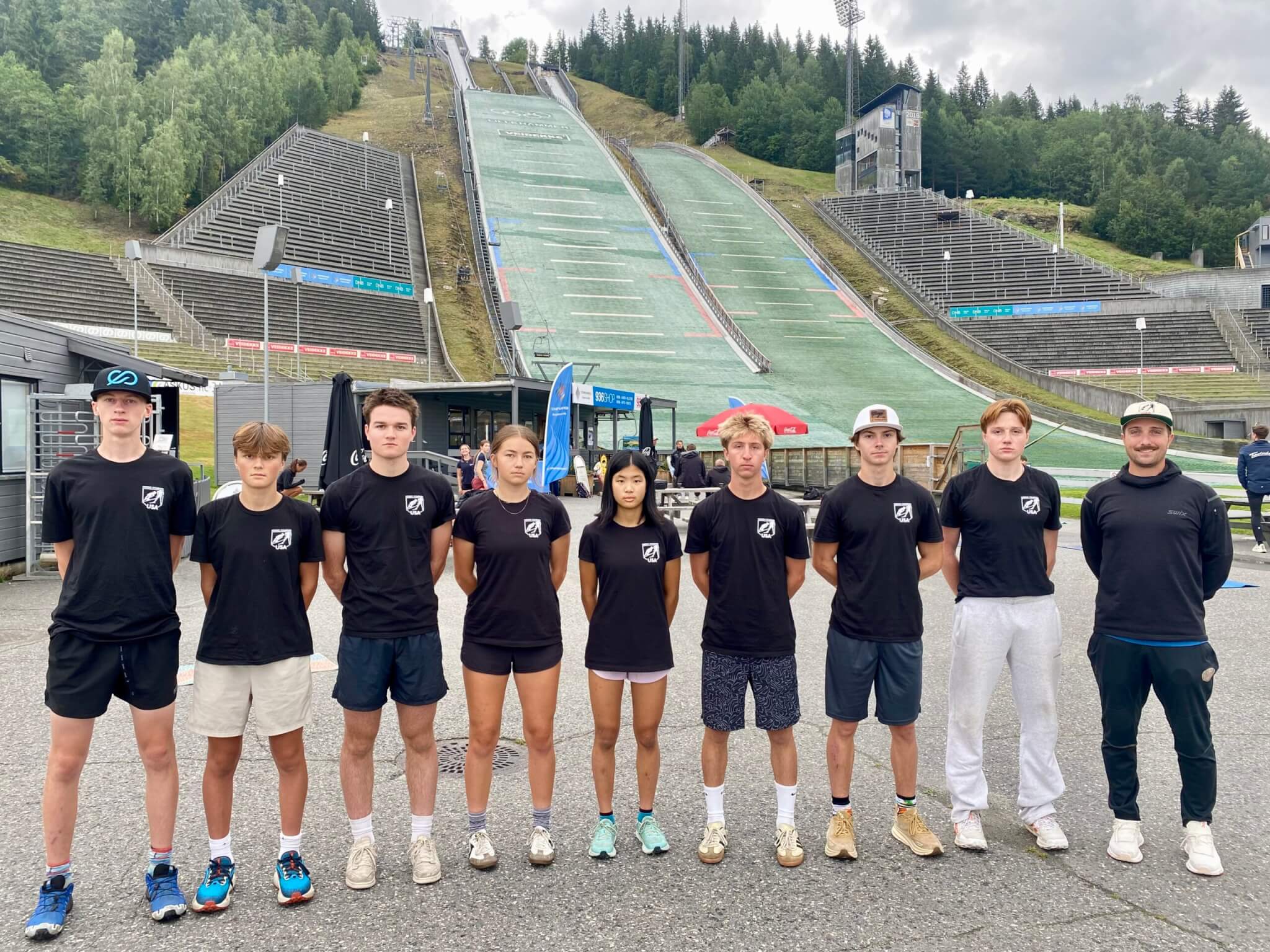 Nordic Combined USA's group at the Olympic Park in Lillehammer, Norway, including Augie Roepke and Liam Demong.