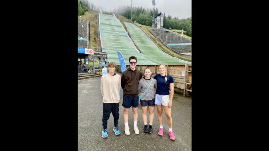 (R-L) Sam Macuga, Josie Johnson, Augie Roepke, and Liam Demong, all from Park City, in Norway. The boys are in Lillehammer traveling with a larger group of development athletes hailing from clubs around the USA.