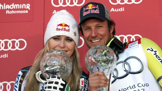Lindsey Vonn, of the United States, left, and Norway’s Aksel Lund Svindal pose with their trophies of the alpine ski, women’s and men’s World Cup super-G discipline titles, in Schladming, Austria, Thursday, March 15, 2012.