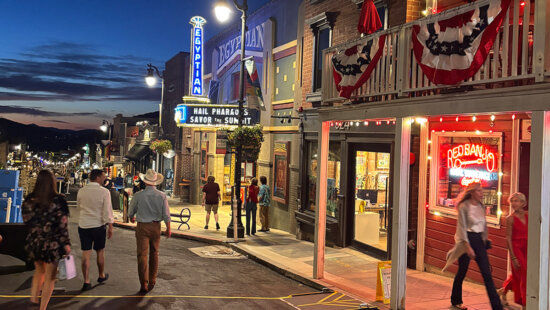 Park City Main Street at sunset on a summer night.