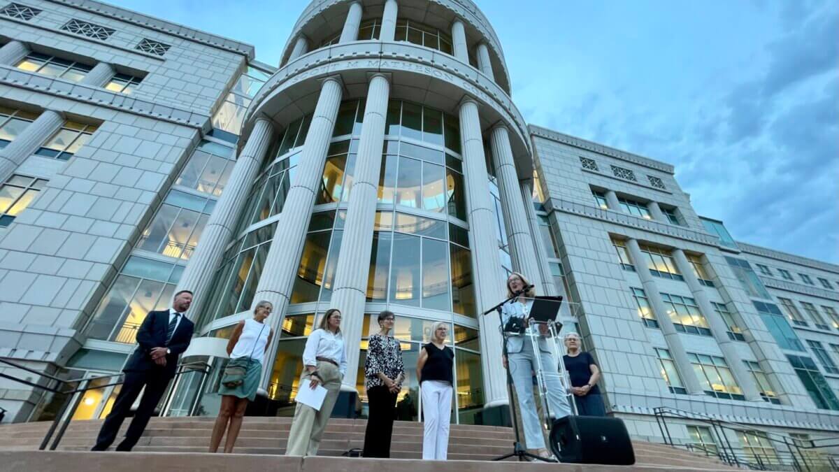 Plaintiffs in an anti-gerrymandering lawsuit hold a news conference outside the Matheson Courthouse in downtown Salt Lake City on Aug. 25, 2025. (Katie McKellar/Utah News Dispatch)