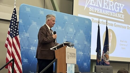 Idaho Gov. Brad Little speaks at the Western Governors’ Association’s Energy Superabundance conference Monday at Idaho National Laboratory in Idaho Falls.