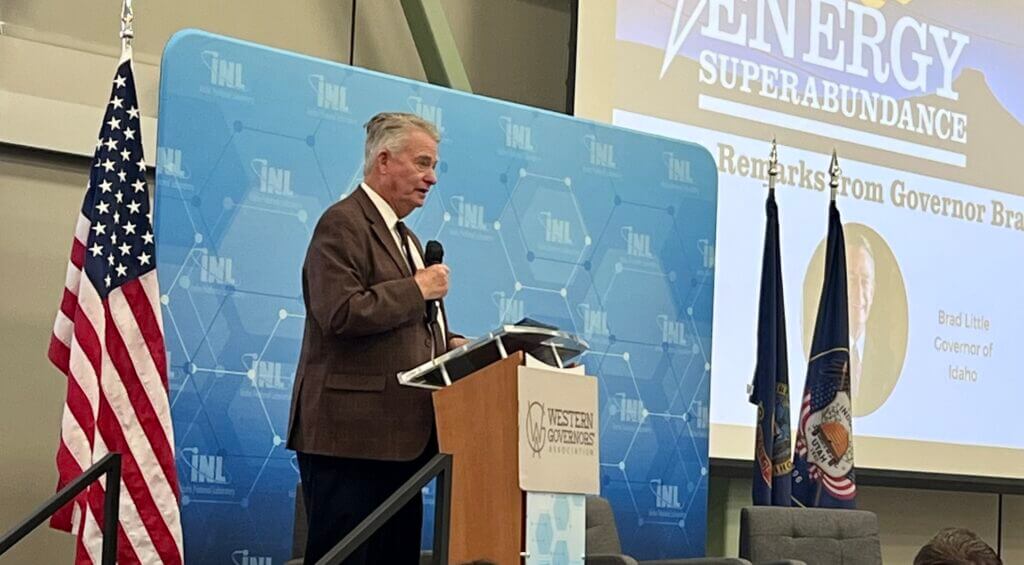 Idaho Gov. Brad Little speaks at the Western Governors’ Association’s Energy Superabundance conference Monday at Idaho National Laboratory in Idaho Falls.