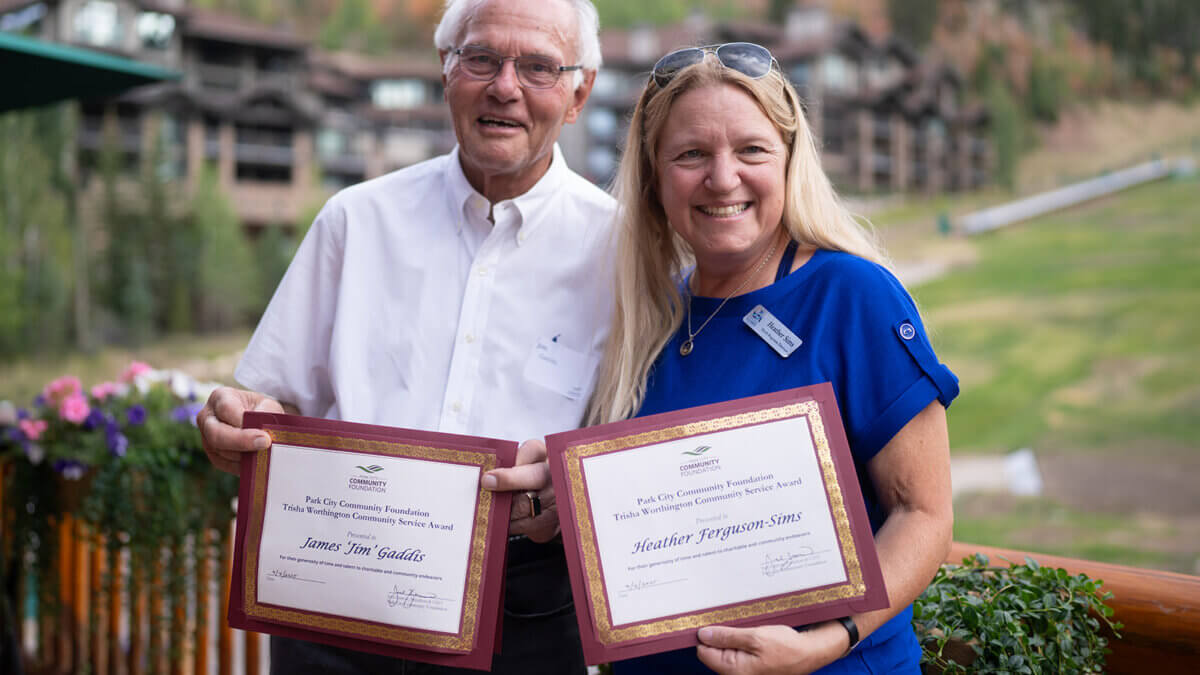 Jim Gaddis and Heather Ferguson-Sims were honored with the 2025 Trisha J. Worthington Community Service Award by Park City Community Foundation during its annual Grants Celebration at Deer Valley Resort.
