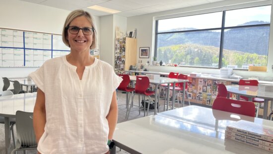 Park City High School social studies teacher Joanna Andres stands in her classroom following her recognition as Utah’s 2026 Teacher of the Year.