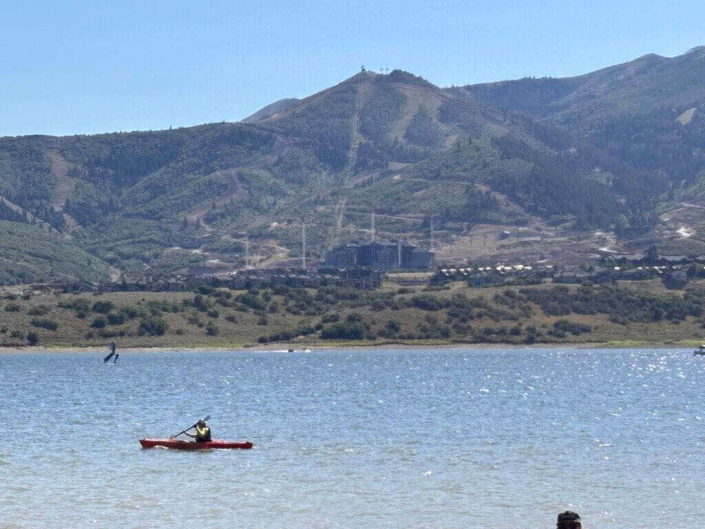 Construction at Deer Valley’s East Village overlooks the Jordanelle Reservoir and the submerged town of Keetley, Utah.