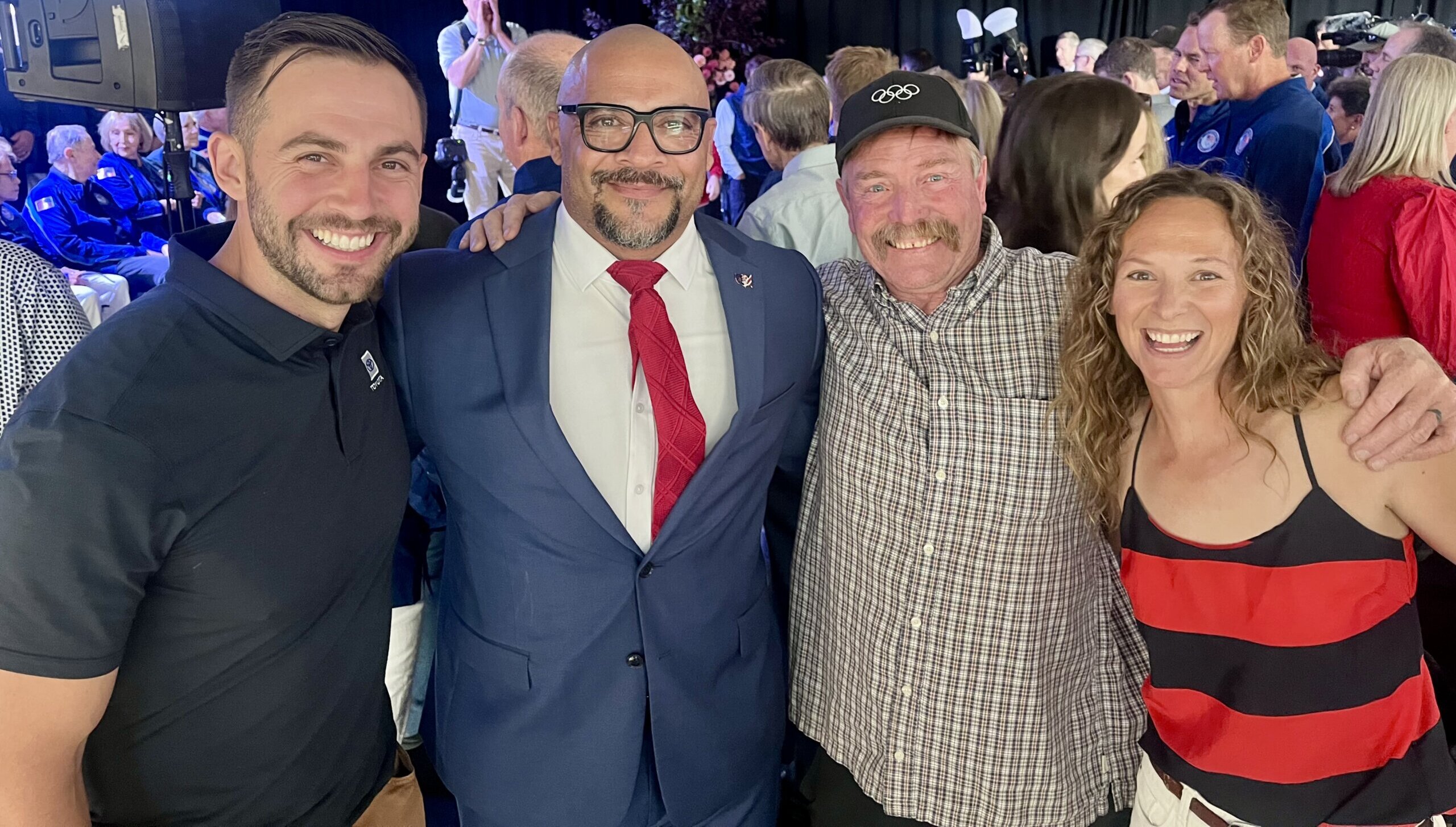 (L-R) Chris Madzer Luge Olympic medalist, Bill Schuffenhauer Bobsled Olympic medalist, Carl Roepke Olympic multi-Games announcer for Luge, bobsled, and skeleton, and Tristan Gale, skeleton Olympic medalist in Salt Lake City at 2034 Olympic Celebration. It's a global, historic rarity to have all three sliding sport disciplines in one place at one time, and with the only announcer who's announced all three sports and all three of their medals. 