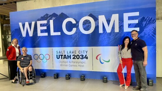 (L-R)) President of the USOPC Sarah Hirschland, Paralympic multi-medalist Chris Waddell, Paralympic multi medalist Danelle Umstead, and Paralympic multi-medalist Monty Meier, all three athletes from Park City, in Salt Lake City announcing Games' donation program.