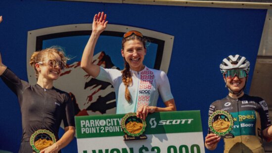 Park City local Chelsea Bolton celebrates a first place win on the podium.