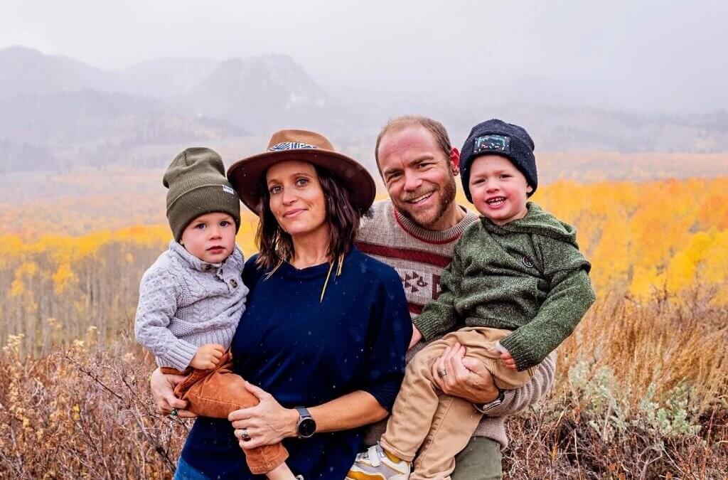 Claudia Bouvier, founder of the new nonprofit Mountains to Mountains, with her husband Charles Mumford and their two sons, Oliver and Sebastien, in Park City’s fall landscape.