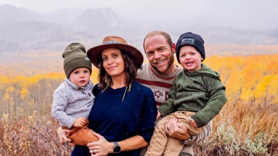 Claudia Bouvier, founder of the new nonprofit Mountains to Mountains, with her husband Charles Mumford and their two sons, Oliver and Sebastien, in Park City’s fall landscape.