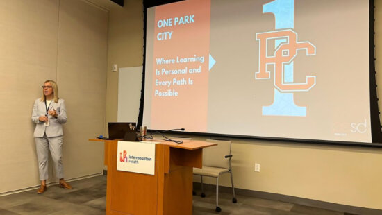 Superintendent Lindsay Huntsman speaks during Tuesday’s Conversations with the Superintendent event at the Blair Education Center, where she highlighted Park City School District’s theme for the year: “One Park City — Where Learning Is Personal and Every Path Is Possible.”