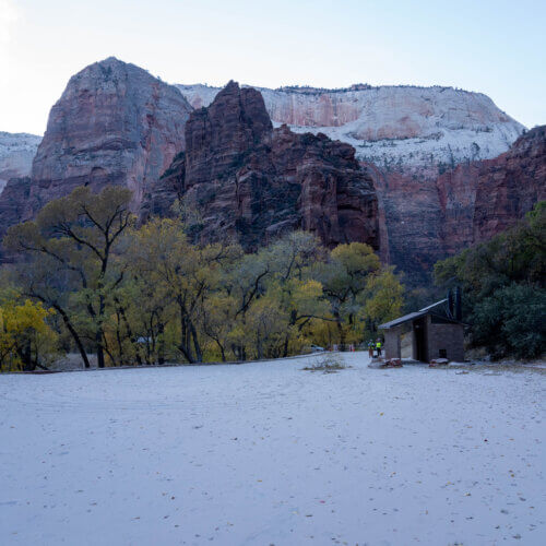 Dust on the ground at Weeping Rock in Zion National Park after a rockfall on the cliff above. November 14, 2023.