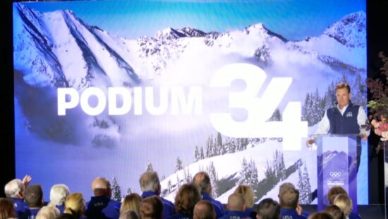 Fraser Bullock, CEO of the 2034 organizing committee, presenting the Podium34 donor initiative.
