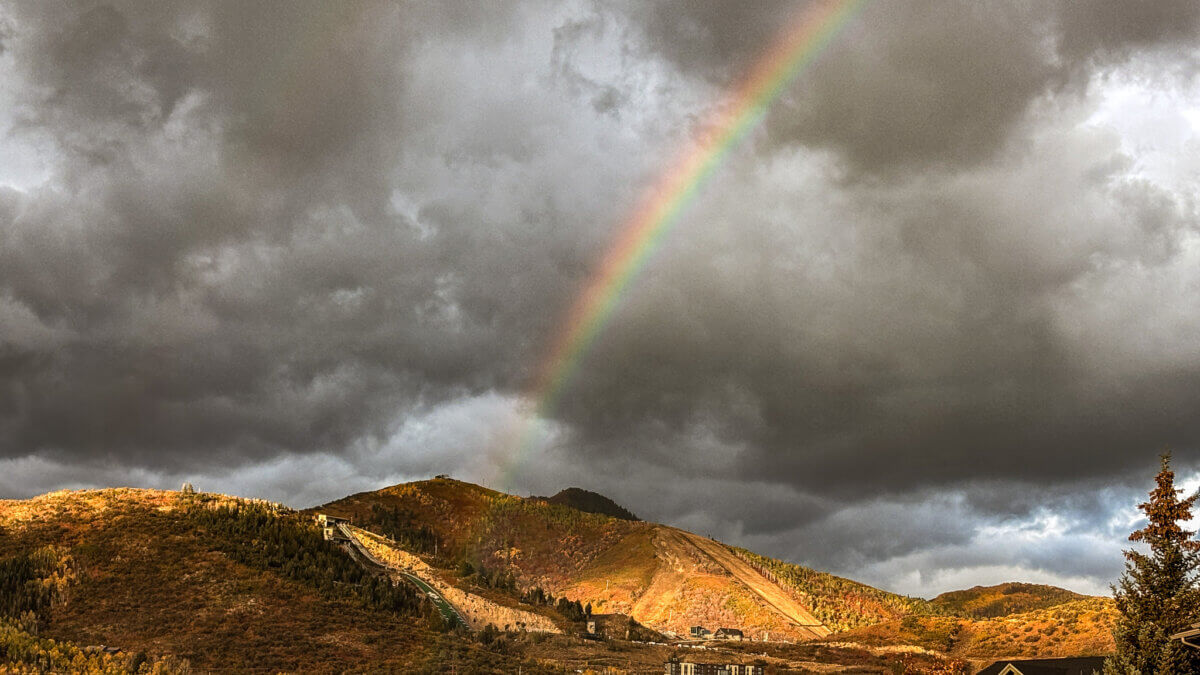 Rainbow touches down on the ski jump at Utah Olympic Park, Sept. 30, 2025.