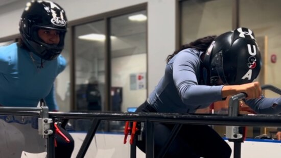 Kaysha Love and Jasmine Jones pushing at Team USA Bobsled Push Champs in Lake Placid.