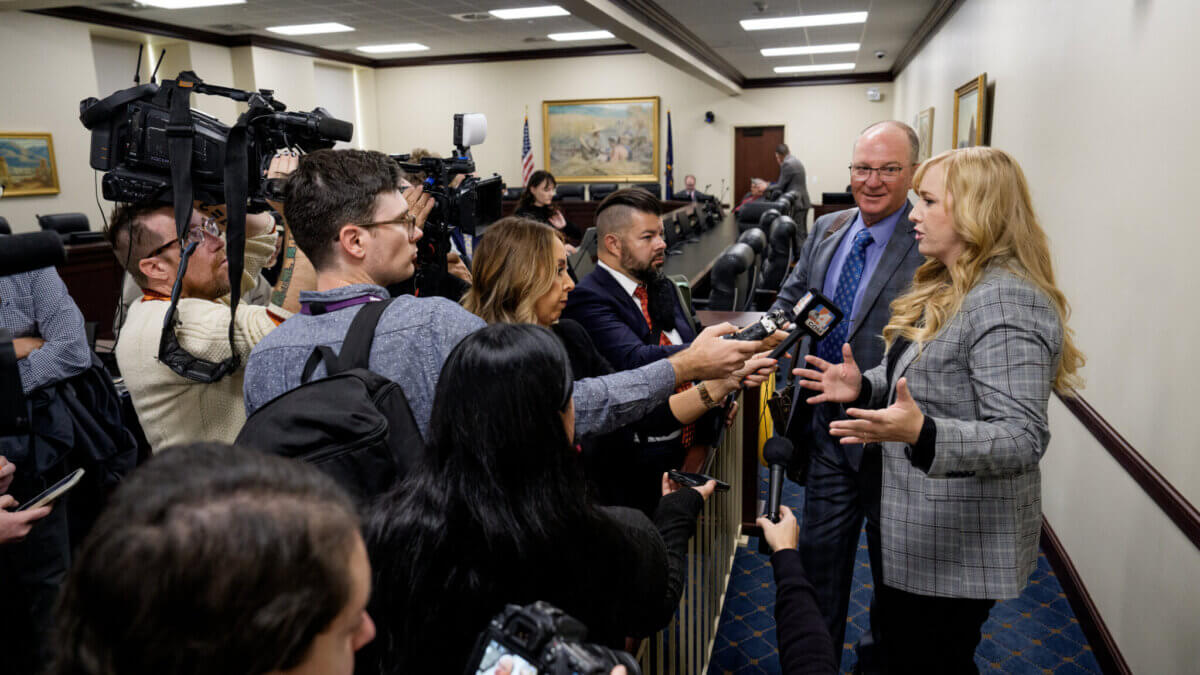 en. Scott Sandall, R-Tremonton, and Rep. Candice Pierucci, R-Riverton, talk to reporters after a meeting of the Utah Legislative Redistricting Committee during a special legislative session at the Capitol in Salt Lake City on Monday, Oct. 6, 2025.