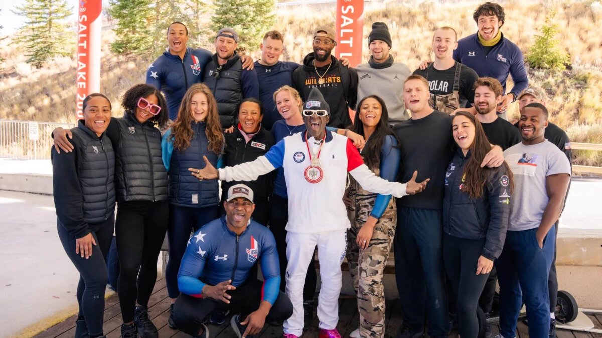 Flavor Flav at the Park City Bobsled Skeleton Track with his newest best friends, the USA Bobsled Skeleton athletes.