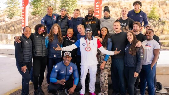 Flavor Flav at the Park City Bobsled Skeleton Track with his newest best friends, the USA Bobsled Skeleton athletes.