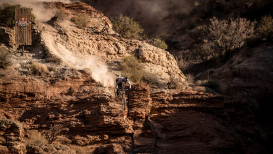 Brandon Semenuk rides during the finals of the Red Bull Rampage in Virgin, Utah, USA on October 12, 2024.