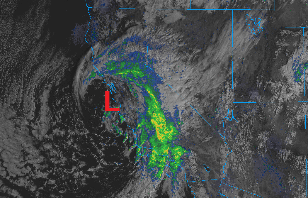 A radar/satellite image of the large low-pressure system currently centered over California