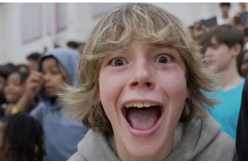 A student known online as the “Mason 6-7 Kid” reacts during a viral basketball-game video that helped popularize the phrase “6-7,” recently named Dictionary.com’s 2025 Word of the Year.
