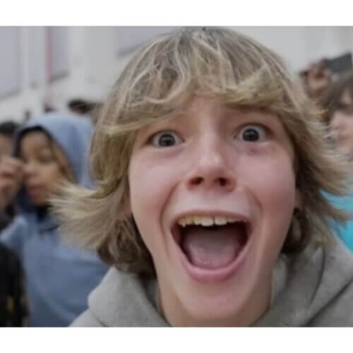 A student known online as the “Mason 6-7 Kid” reacts during a viral basketball-game video that helped popularize the phrase “6-7,” recently named Dictionary.com’s 2025 Word of the Year.