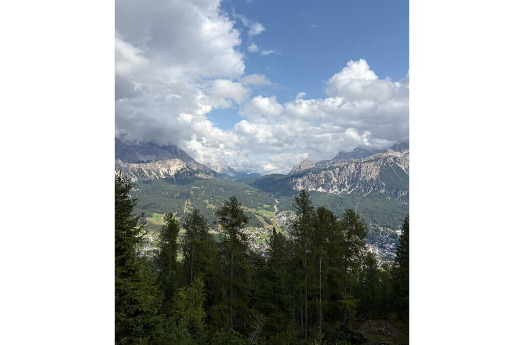 A view of the city of Cortina, Italy and surrounding mountains from the Tofana gondola on September 11, 2025.