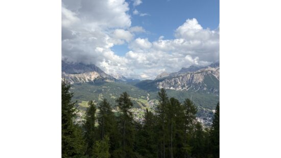 A view of the city of Cortina, Italy and surrounding mountains from the Tofana gondola on September 11, 2025.