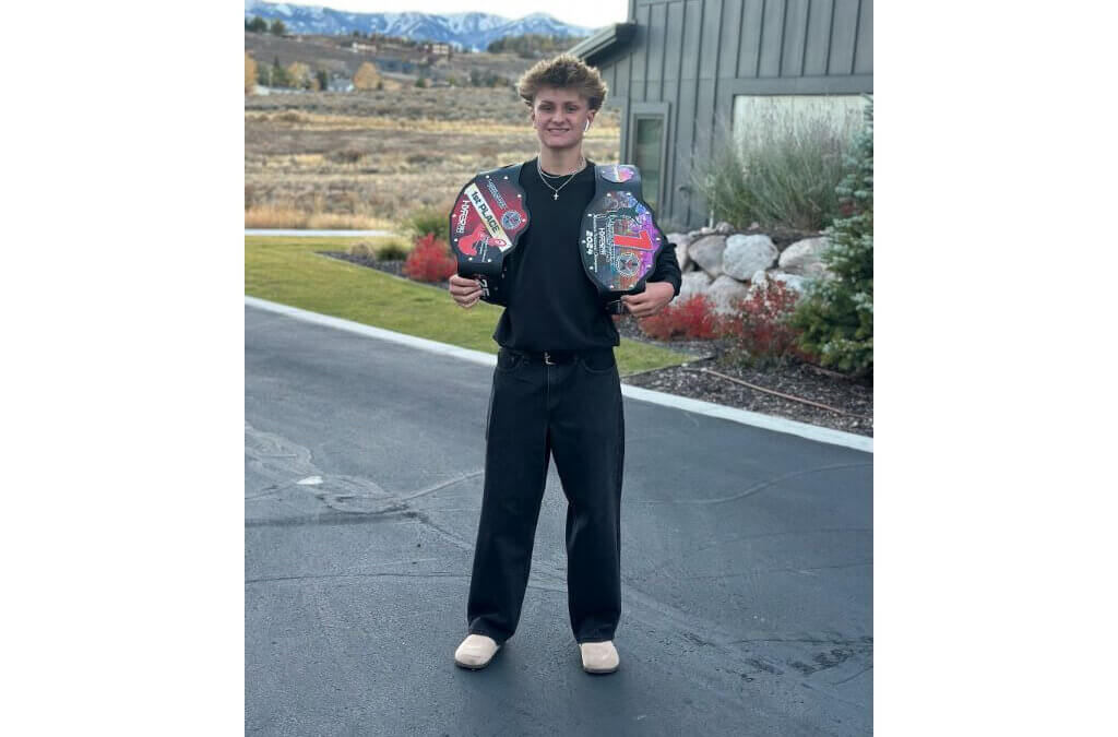 Park City’s Sam McKenzie, 15, holds his championship belts after winning the 2025 USA BMX Next Freestyle Amateur National Championship in San Diego on Oct. 11. McKenzie, who also won last year’s title in the 11–14 age group, now holds the 15–30 Amateur National title and plans to advance to the Expert class next season.