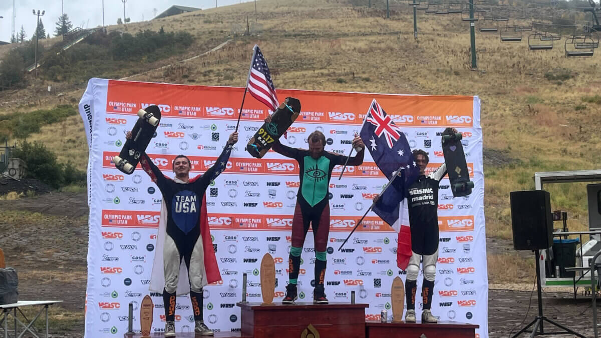 The men's stand up skateboarding podium at the World Downhill Skateboarding Championships held at the Utah Olympic Park, September 28, 2025.