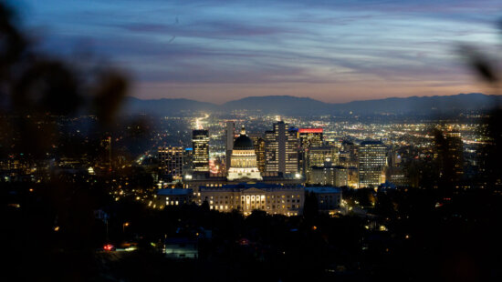 The Capitol and downtown Salt Lake City are pictured at dusk on Monday, Nov. 10, 2025.
