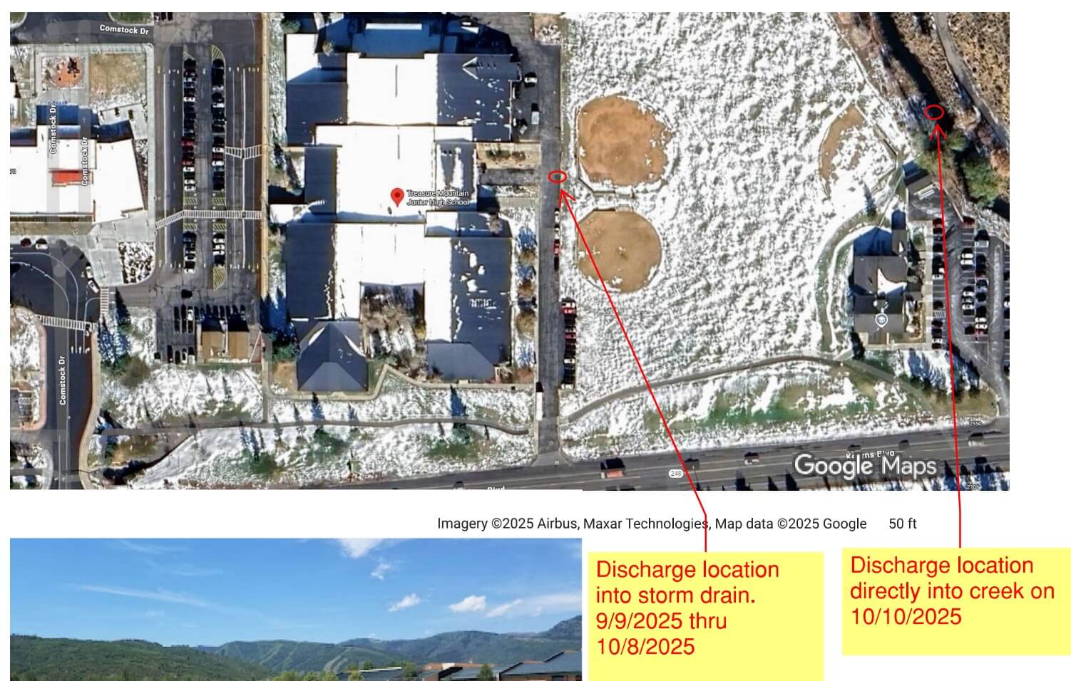 Storm drain discharge location and directly into the creek discharge location.