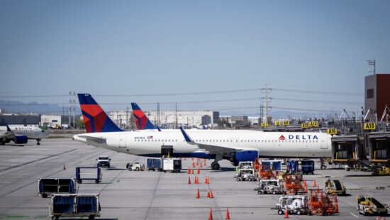Delta Airlines jets are pictured at Salt Lake City International Airport in Salt Lake City on Wednesday, April 3, 2024.