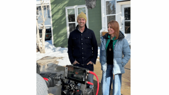 Park City residents Max Doilney and Joanna Kahn film a scene for HGTV’s Help! I Wrecked My House outside their renovated home. The couple’s episode highlights their home transformation and the community connections that shaped their experience.