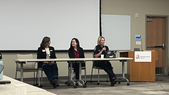 Peace House Executive Director Kendra Wyckoff, Summit County Attorney Margaret Olson, and Summit County Sheriff Kacey Bates discuss community partnerships and trauma-informed law enforcement during the domestic violence panel at the Bolder Way Forward Summit County gathering, hosted at Intermountain Health on Monday morning.