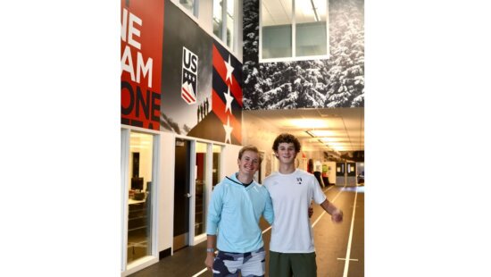 Olympian Nick Page and young moguls athlete Oliver Lacey at the U.S. Ski & Snowboard Center of Excellence during Back The Team’s first “Train With Me” session in Park City.