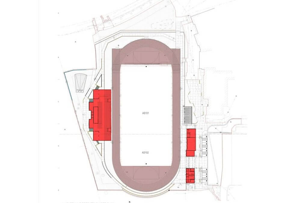 The Phase 4 site plan for Dozier Field outlines the new track, expanded concrete seating structure, and upgraded stadium amenities.