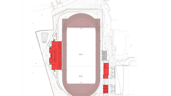 The Phase 4 site plan for Dozier Field outlines the new track, expanded concrete seating structure, and upgraded stadium amenities.