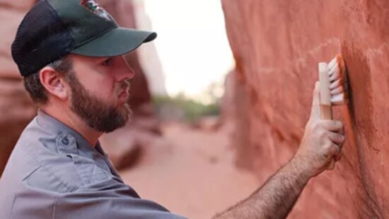 Spray paint graffiti was found on the sandstone rocks in Arches National Park during the government shutdown.