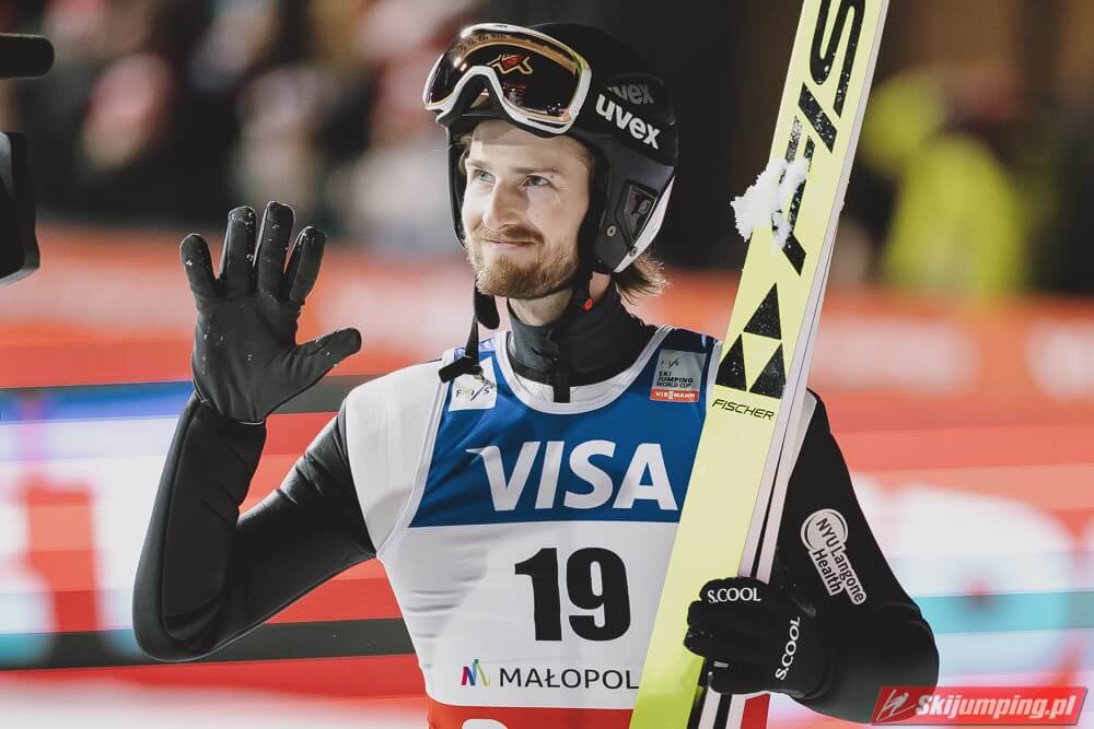 U.S. ski jumper Kevin Bickner waves to fans after a World Cup event. The Park City–based athlete recently returned to competition following a brief retirement and is training in Norway as he eyes a spot at the 2026 Winter Olympics in Milano-Cortina.