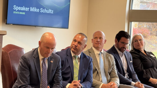 Utah Gov. Spencer Cox, Brigham City City Mayor DJ Bott, Joel Ferry, Rick Springman and Emy Lesofski during the announcement of a nuclear “energy ecosystem” in Brigham City on Nov. 17, 2025.